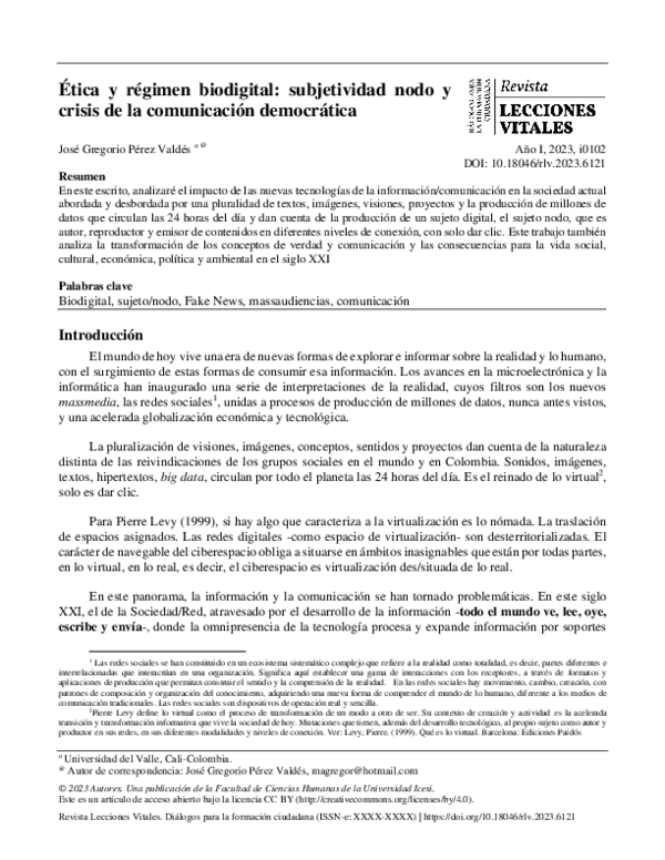 (PDF) Ética y Régimen Biodigital: Subjetividad Nodo y Crisis De La ...