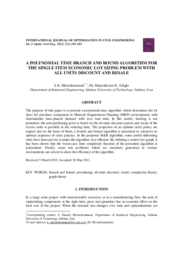 (PDF) A Polynomial Time Branch and Bound Algorithm for the Single Item ...