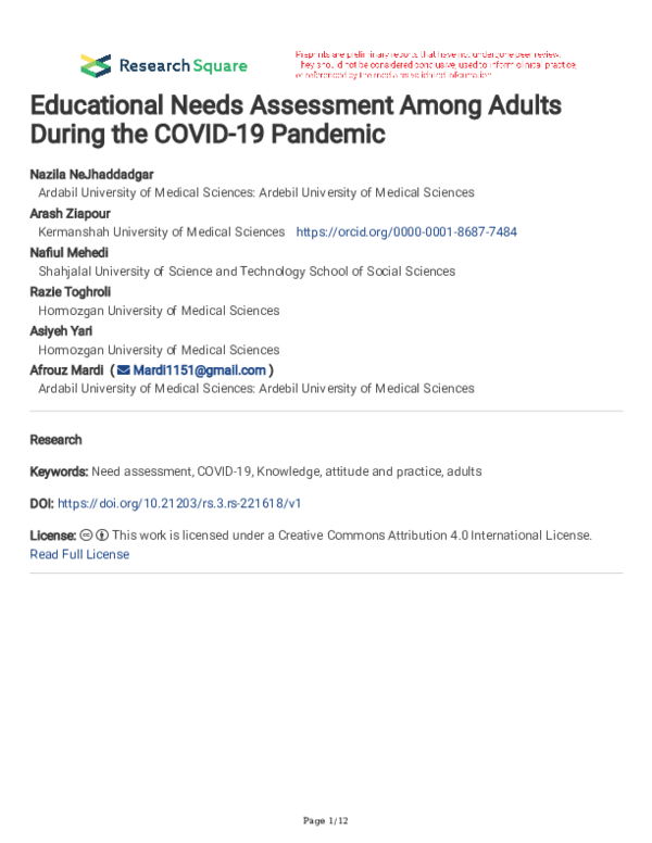 (PDF) Educational Needs Assessment Among Adults During the COVID-19 ...