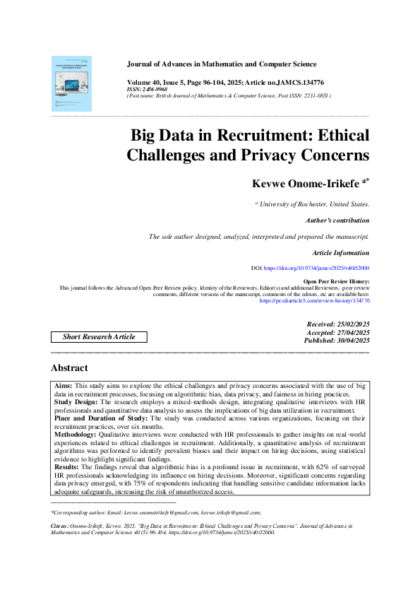 (PDF) Big Data in Recruitment: Ethical Challenges and Privacy Concerns