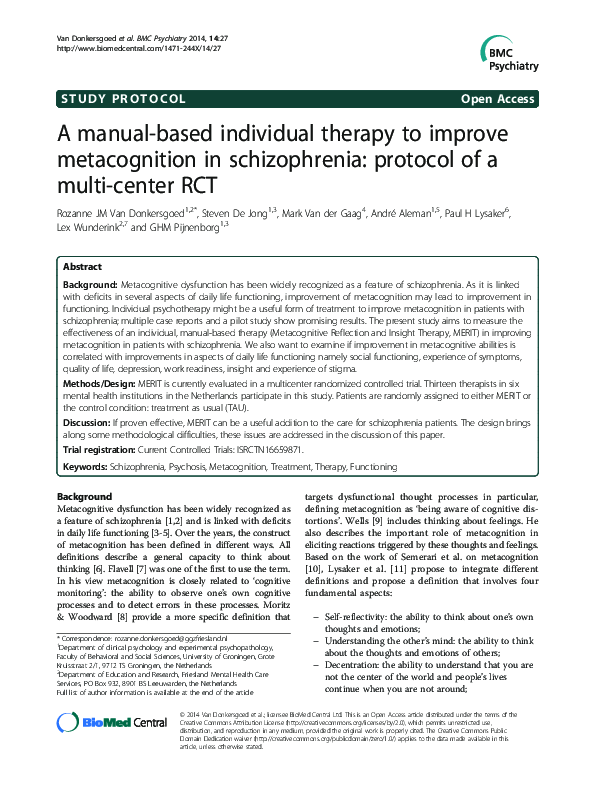 (PDF) A manual-based individual therapy to improve metacognition in ...