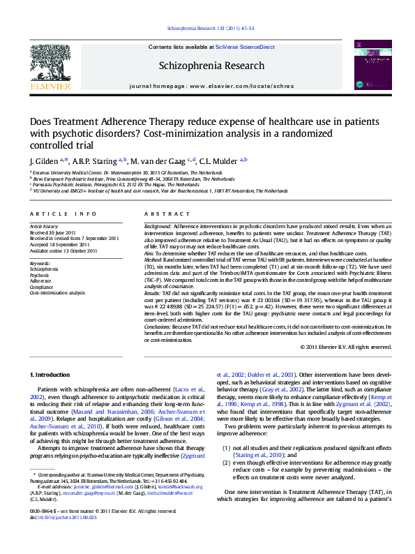 (PDF) Does Treatment Adherence Therapy reduce expense of healthcare use ...