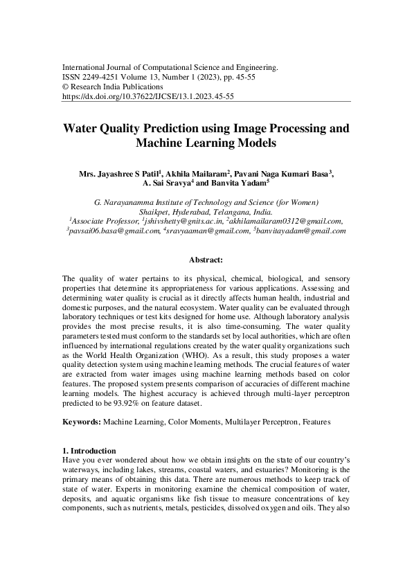 (PDF) Water Quality Prediction using Image Processing and Machine ...
