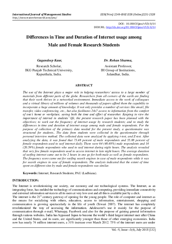 (PDF) Differences in Time and Duration of Internet usage among Male and ...