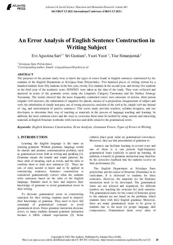 (PDF) An Error Analysis of English Sentence Construction in Writing Subject