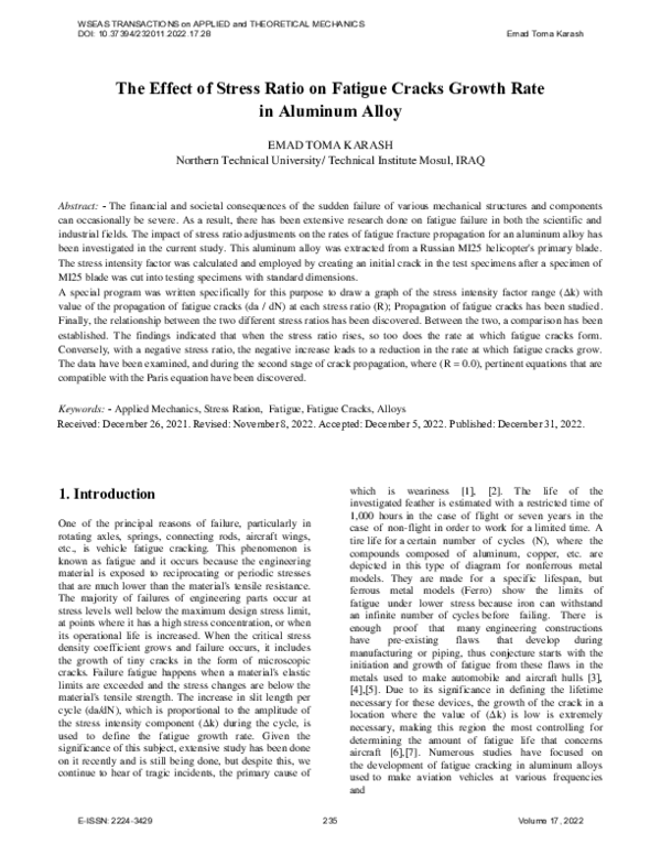 (PDF) The Effect of Stress Ratio on Fatigue Cracks Growth Rate in ...