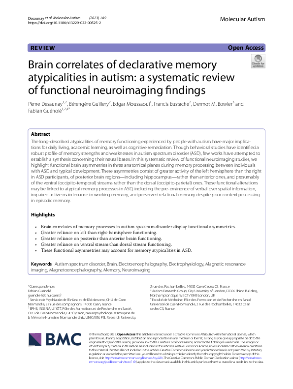 (PDF) Brain correlates of declarative memory atypicalities in autism: a ...
