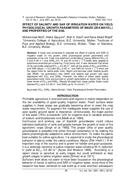 (PDF) Effect of Salinity and SAR of Irrigation Water on Yield ...