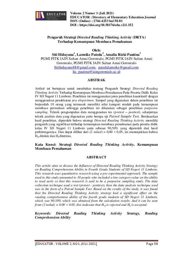 (PDF) Pengaruh Strategi Directed Reading Thinking Activity (DRTA ...