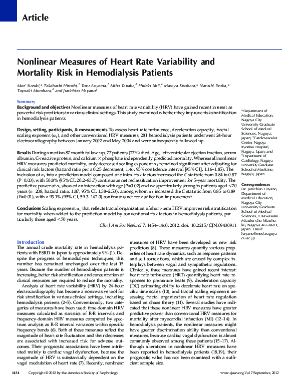 (PDF) Nonlinear Measures of Heart Rate Variability and Mortality Risk ...