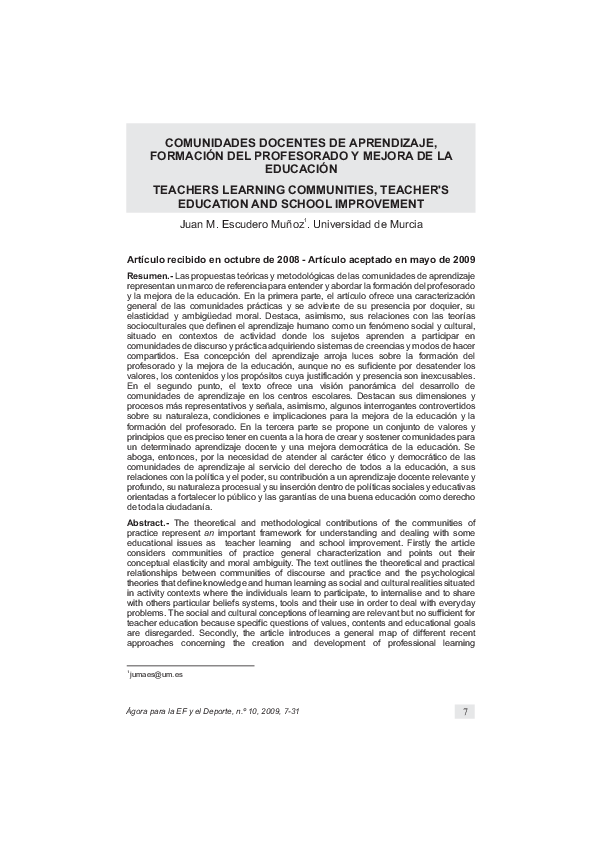 (PDF) Comunidades docentes de aprendizaje, formación del profesorado y ...