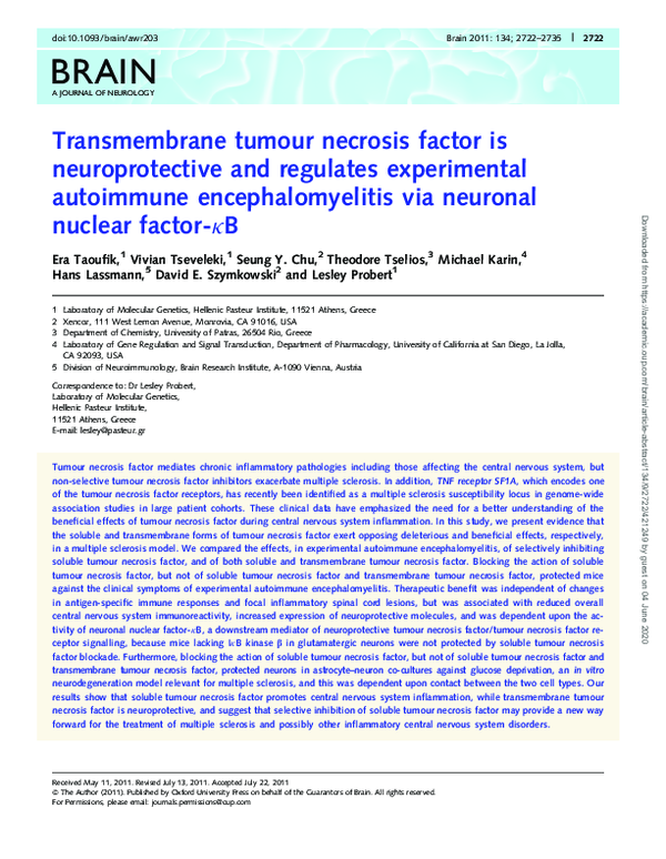 (PDF) Transmembrane tumour necrosis factor is neuroprotective and ...