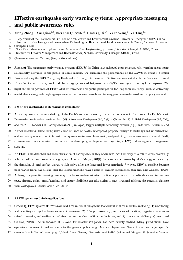 (PDF) Effective earthquake early warning systems: Appropriate messaging