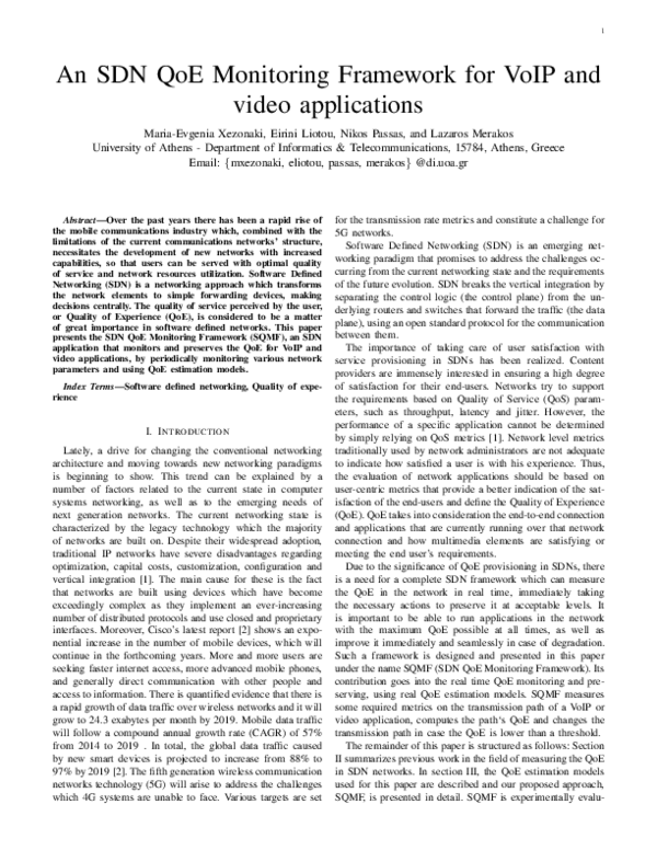 (PDF) An SDN QoE Monitoring Framework for VoIP and Video Applications