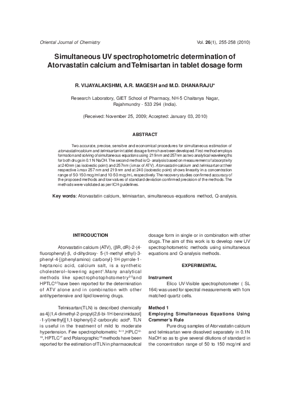 (PDF) Simultaneous UV Spectrophotometric Determination of Atorvastatin ...
