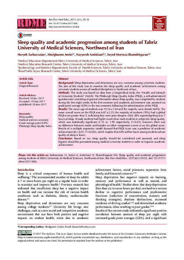 (PDF) Sleep Quality and Academic Progression among Students of Tabriz ...