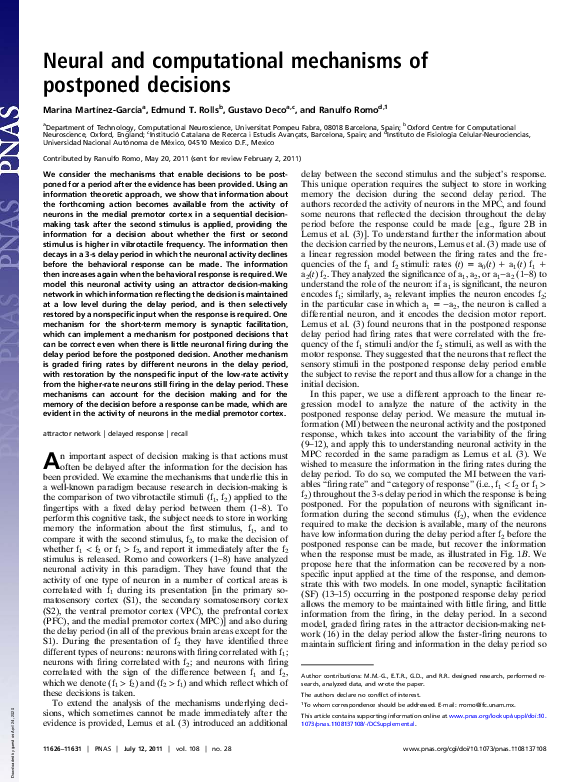 (PDF) Neural and computational mechanisms of postponed decisions
