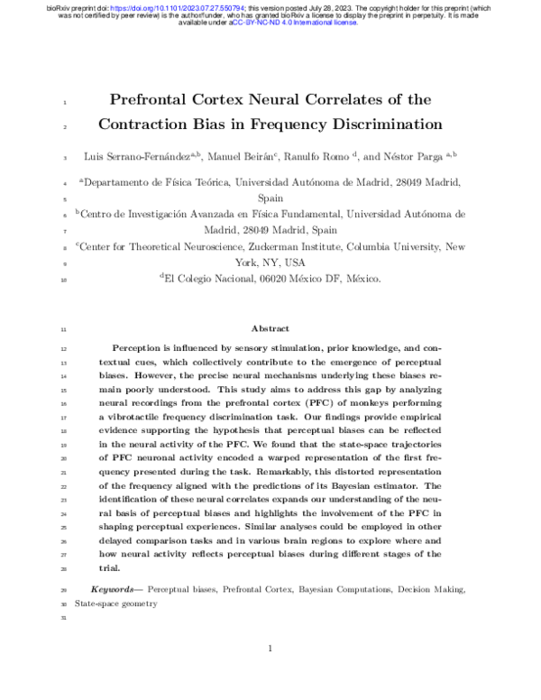 (PDF) Prefrontal Cortex Neural Correlates of the Contraction Bias in ...