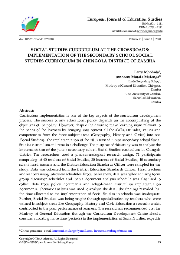 (PDF) Social Studies Curriculum at the Crossroads: Implementation of ...