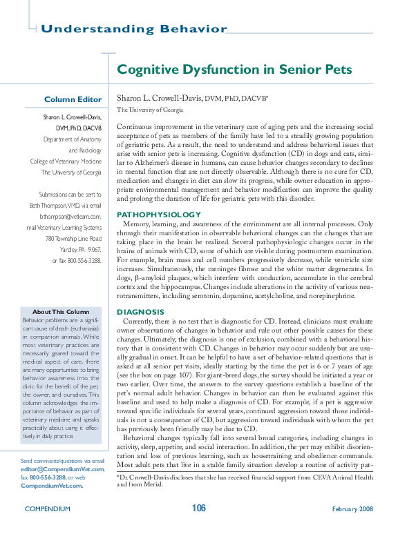 (PDF) Cognitive dysfunction in senior pets
