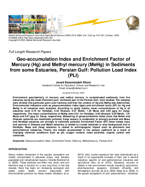 (PDF) Geo-accumulation Index and Enrichment Factor of Mercury (Hg) and ...