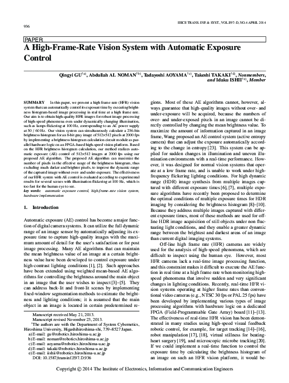 (PDF) A High-Frame-Rate Vision System with Automatic Exposure Control