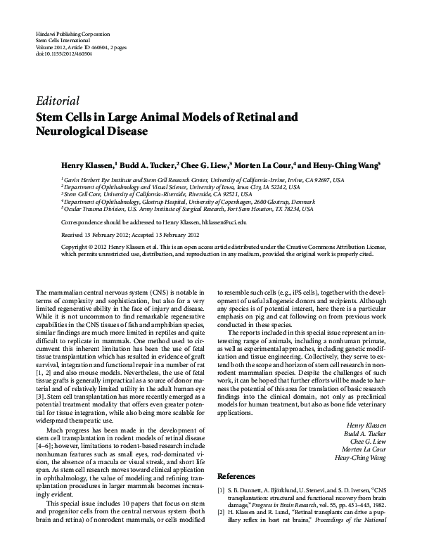 (PDF) Stem Cells in Large Animal Models of Retinal and Neurological Disease