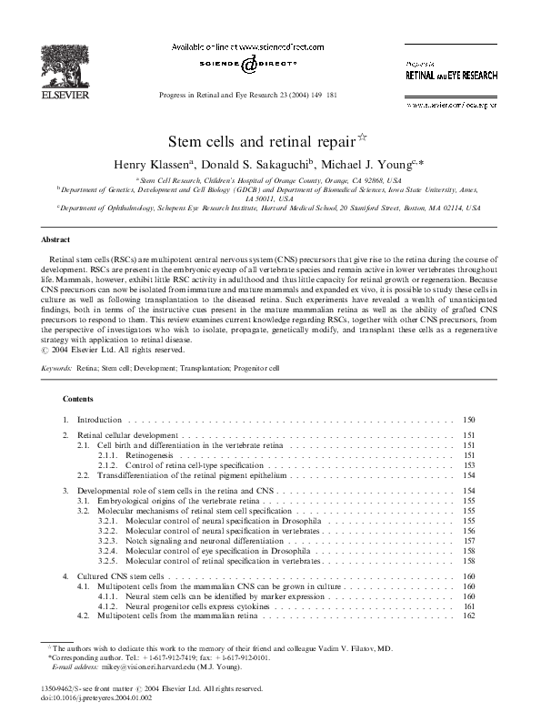 (PDF) Stem cells and retinal repair