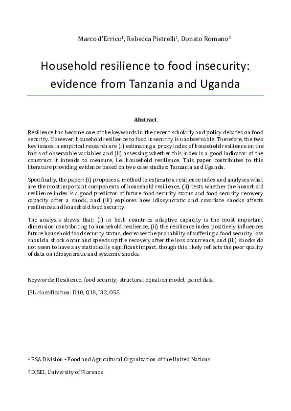 (PDF) Household resilience to food insecurity: evidence from Tanzania ...