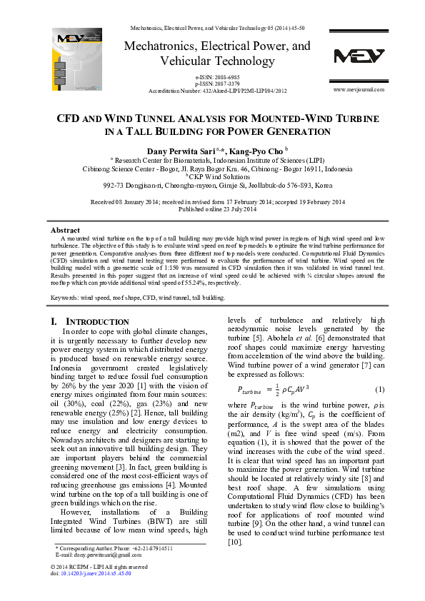 (PDF) CFD and Wind Tunnel Analysis for Mounted-Wind Turbine in a Tall ...