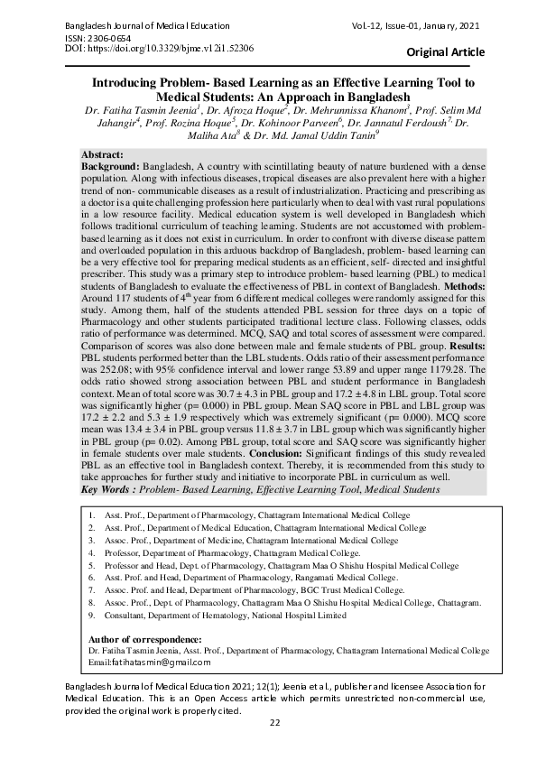 (PDF) Introducing Problem- Based Learning as an Effective Learning Tool ...
