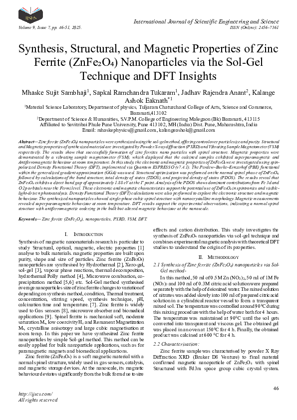 (PDF) Synthesis, Structural, and Magnetic Properties of Zinc Ferrite ...