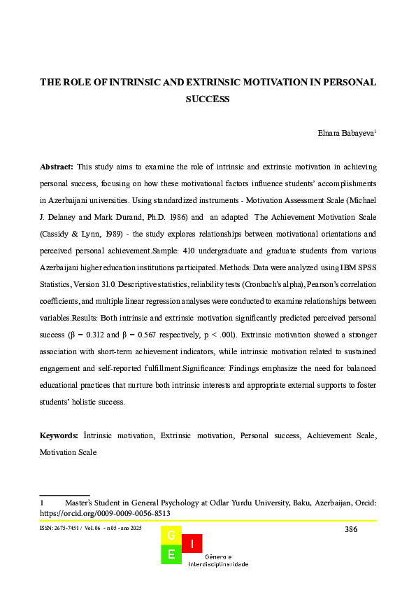 (PDF) THE ROLE OF INTRINSIC AND EXTRINSIC MOTIVATION IN PERSONAL SUCCESS