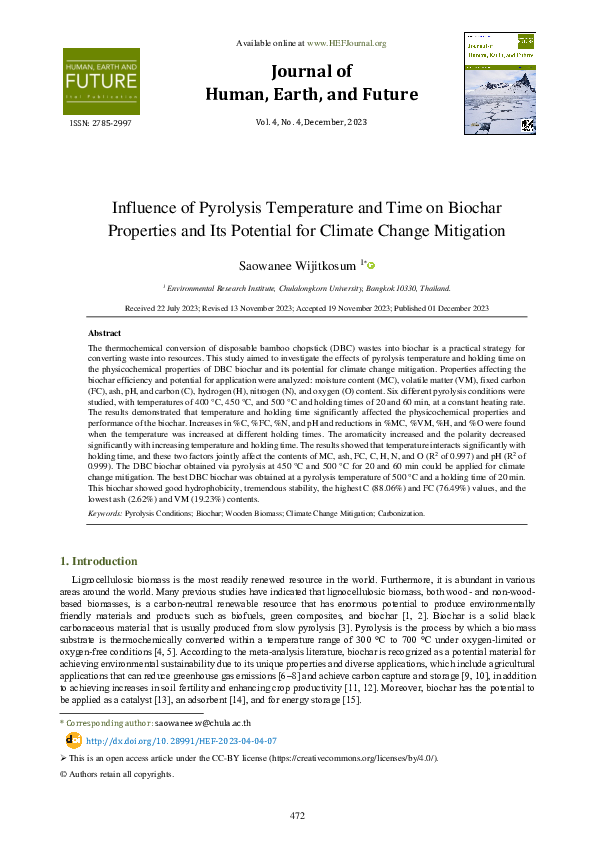 (PDF) Influence of Pyrolysis Temperature and Time on Biochar Properties ...
