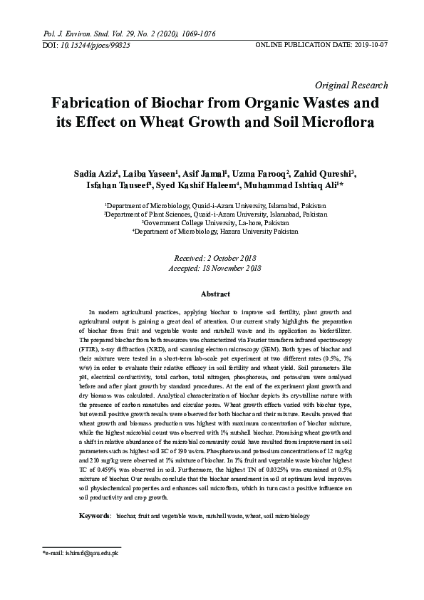 (PDF) Fabrication of Biochar from Organic Wastes and its Effect on ...