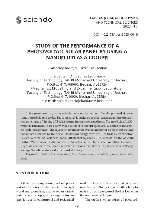 (PDF) Study of the Performance of a Photovoltaic Solar Panel by Using a ...