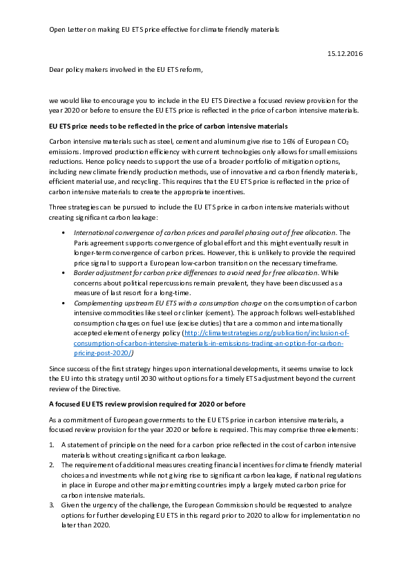 (PDF) Open Letter on making EU ETS price effective for climate friendly ...