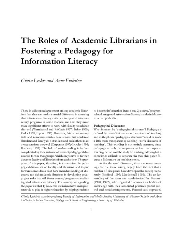 (PDF) The roles of academic librarians in fostering a pedagogy for ...