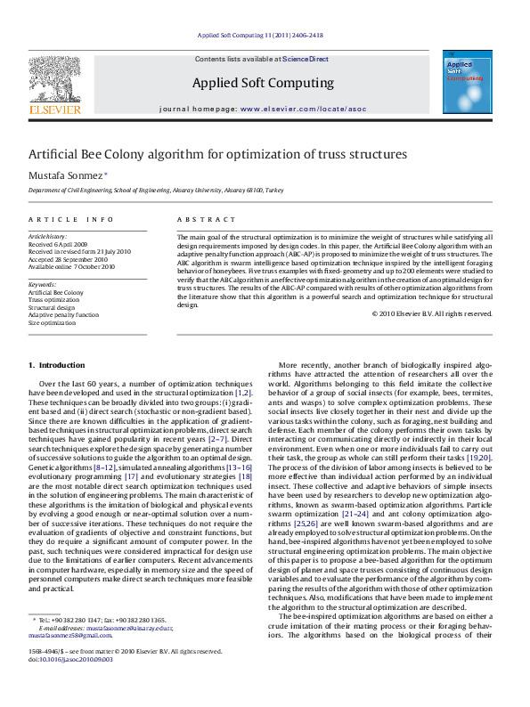 (PDF) Artificial Bee Colony algorithm for optimization of truss structures