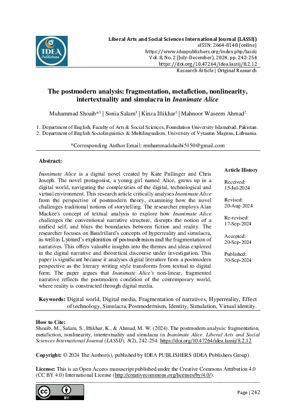 (PDF) The postmodern analysis: fragmentation, metafiction, nonlinearity ...