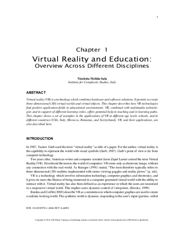 (PDF) Virtual Reality and Education