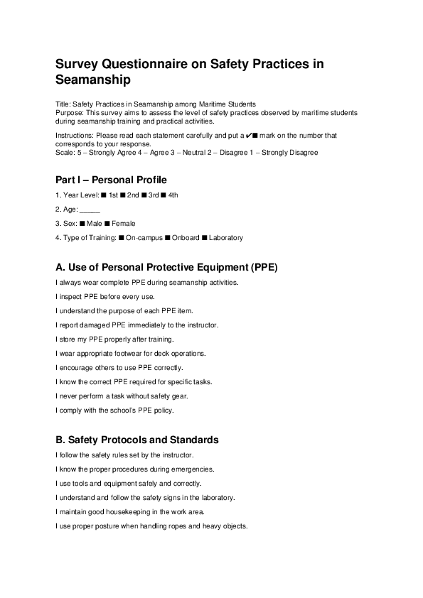 (PDF) Survey Questionnaire on Safety Practices in Seamanship