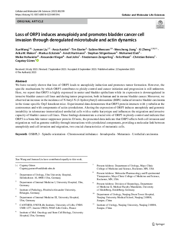 (PDF) Loss of ORP3 induces aneuploidy and promotes bladder cancer cell ...