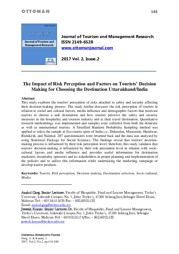 (PDF) The Impact of Risk Perception and Factors on Tourists' Decision ...