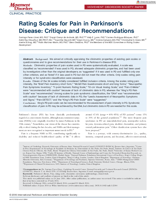 (PDF) Rating Scales for Pain in Parkinson's Disease: Critique and ...