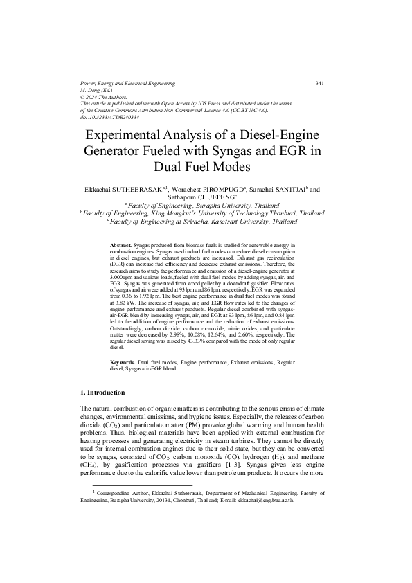 (PDF) Experimental Analysis of a Diesel-Engine Generator Fueled with ...