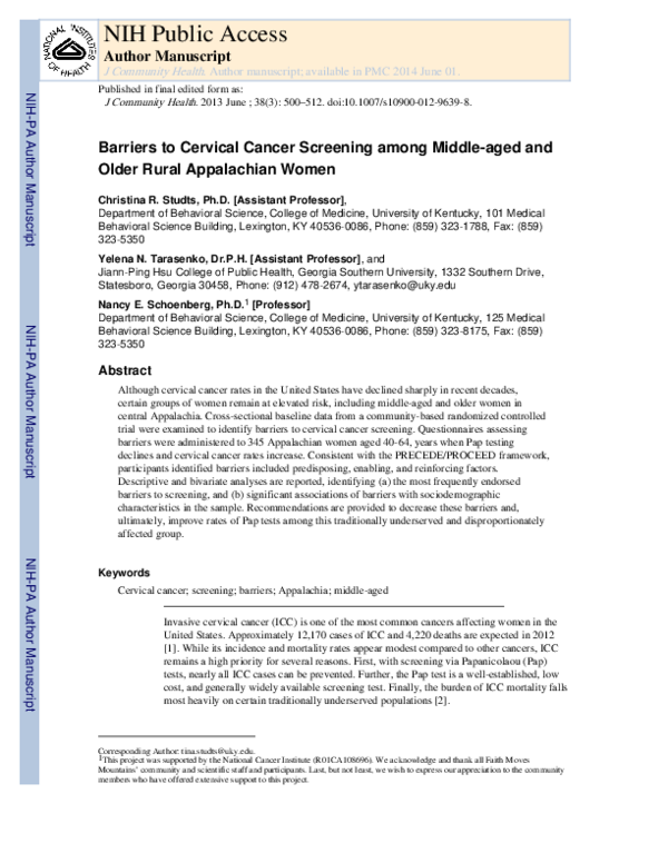 (PDF) Barriers to Cervical Cancer Screening Among Middle-Aged and Older ...