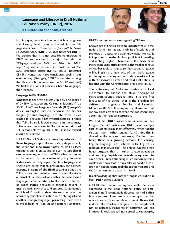 (PDF) Language and literacy in draft National Education Policy (DNEP), 2016