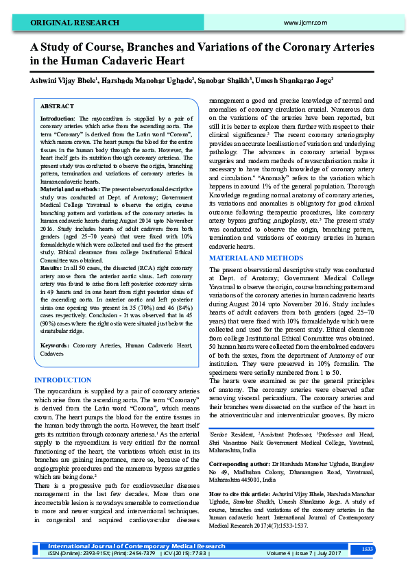 (PDF) A Study of Course, Branches and Variations of the Coronary ...
