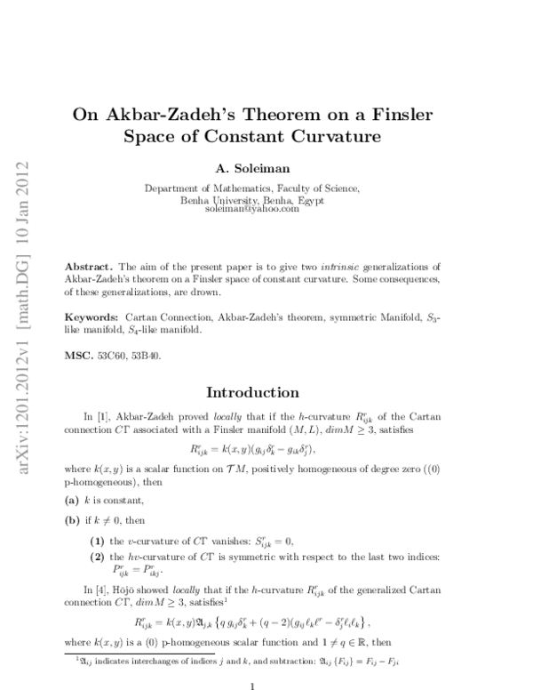 (PDF) On Akbar-Zadeh’s theorem on a Finsler space of constant curvature